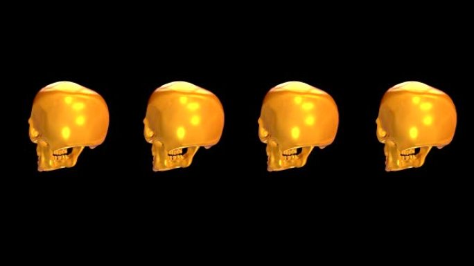 带有旋转的彩色金色头骨的抽象背景。艺术项目生动的创作构图。数字3d动画。