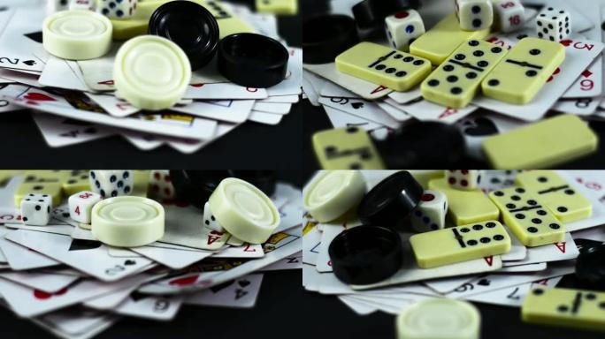 各种棋盘游戏棋盘、扑克牌、多米诺骨牌。爱好。游戏和赌博的隐喻。