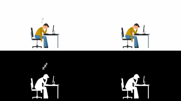 简笔画象形图男子在工作时睡觉在电脑角色平面动画附近