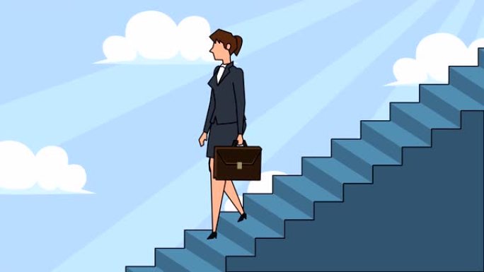 带箱包的平面卡通女商人角色走下职业阶梯楼梯概念动画