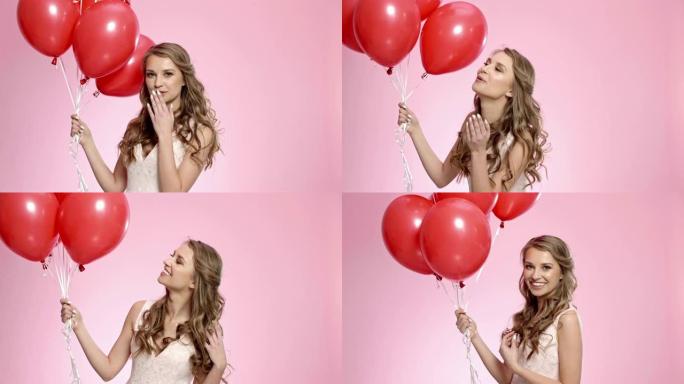 红气球吹吻的幸福女人