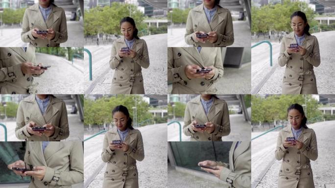 沿着建筑物行走的女人的拼贴画，在智能手机上发短信