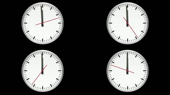 黑色背景上的模拟时钟，一分钟到十二小时。秒针移动正好一分钟