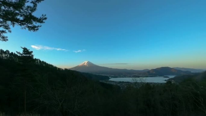 河口湖富士山的延时俯视图
