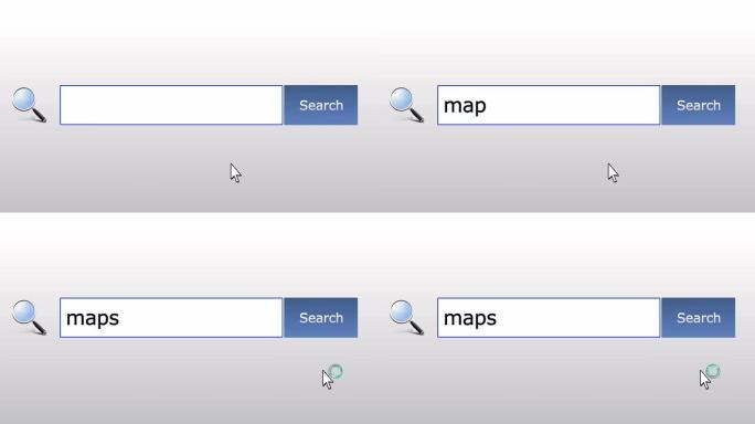 地图-图形浏览器搜索查询，网页，用户输入搜索相关结果，计算机互联网技术。网页浏览打字字母，填写表格按