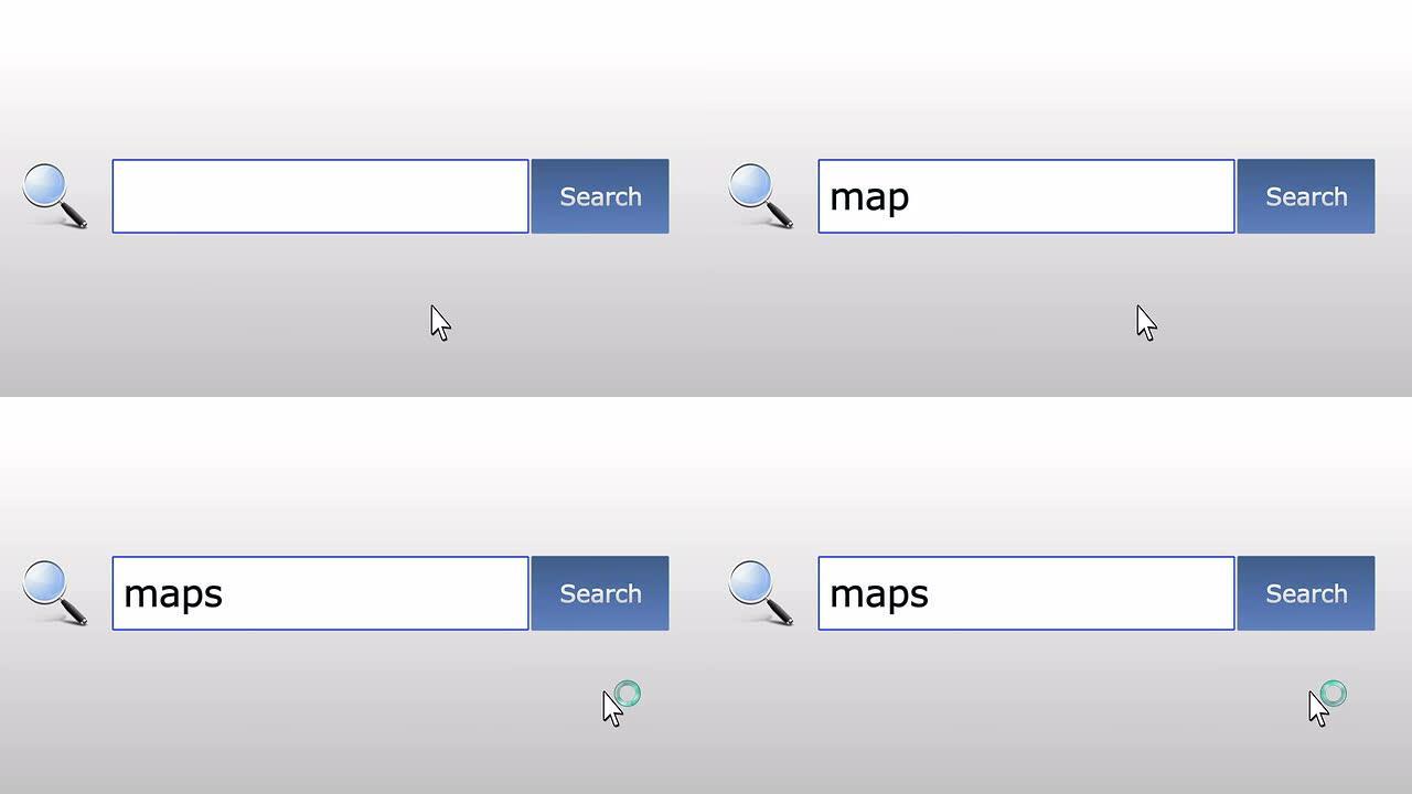 地图-图形浏览器搜索查询，网页，用户输入搜索相关结果，计算机互联网技术。网页浏览打字字母，填写表格按