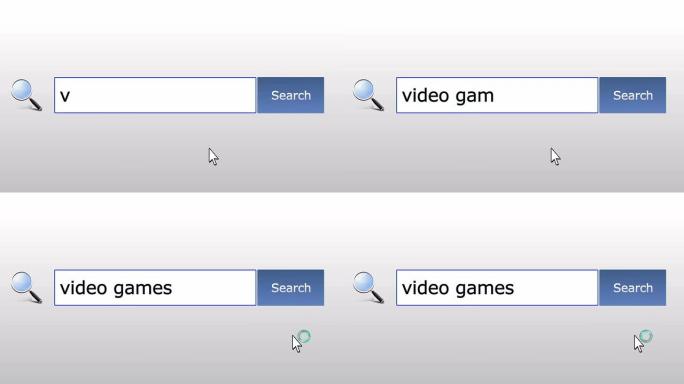 视频游戏-图形浏览器搜索查询，网页，用户输入搜索相关结果，计算机上网技术。网页浏览打字字母，填写表格