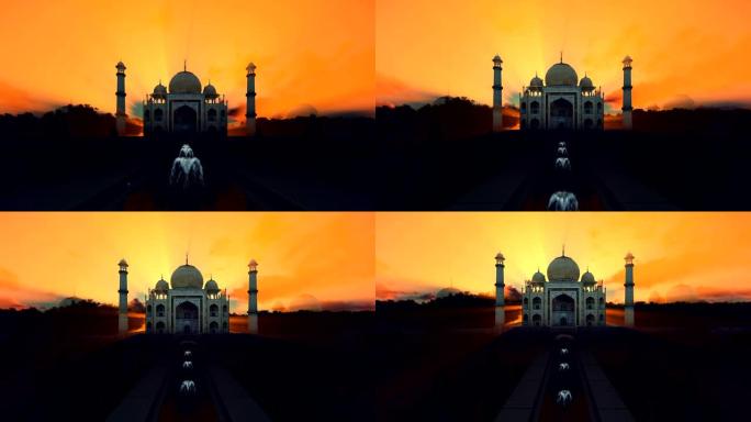 泰姬陵前视图，配有美丽的喷泉，4K