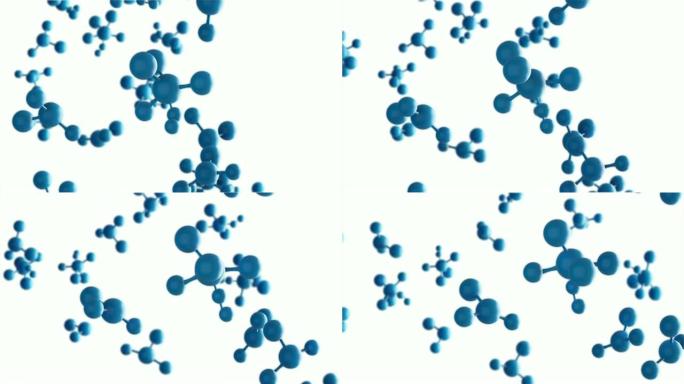 白色背景上的蓝色分子或原子。数字技术科学、化学和医学概念中的抽象结构，3d抽象插图。