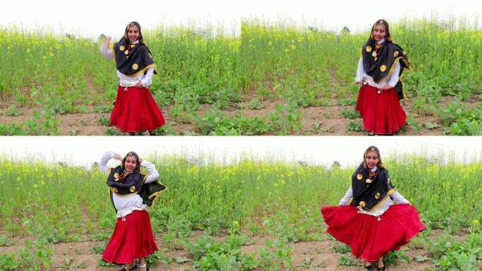 传统舞蹈在传统服装户外在大自然中。