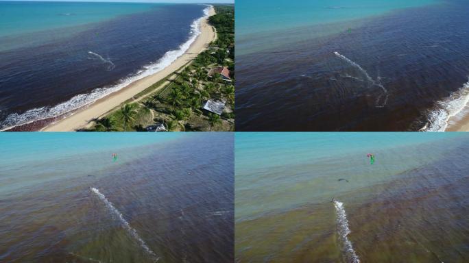 巴西巴伊亚州卡拉伊瓦。风筝冲浪和风冲浪。水上运动。
