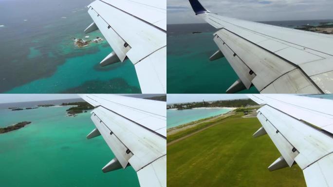 飞机着陆时，百慕大群岛上空的景色。美丽的绿松石水。华丽的自然景观背景。