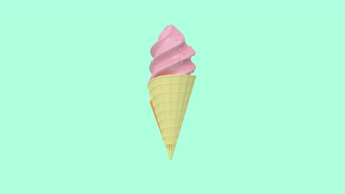 抽象粉色冰淇淋蛋卷悬浮旋转绿色黑底3d渲染运动