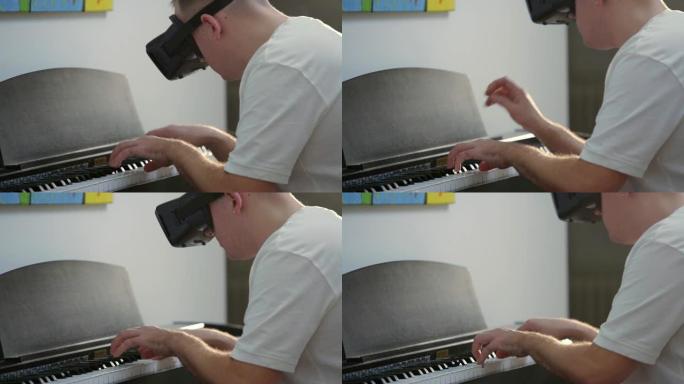 男子用VR虚拟现实谷歌弹钢琴