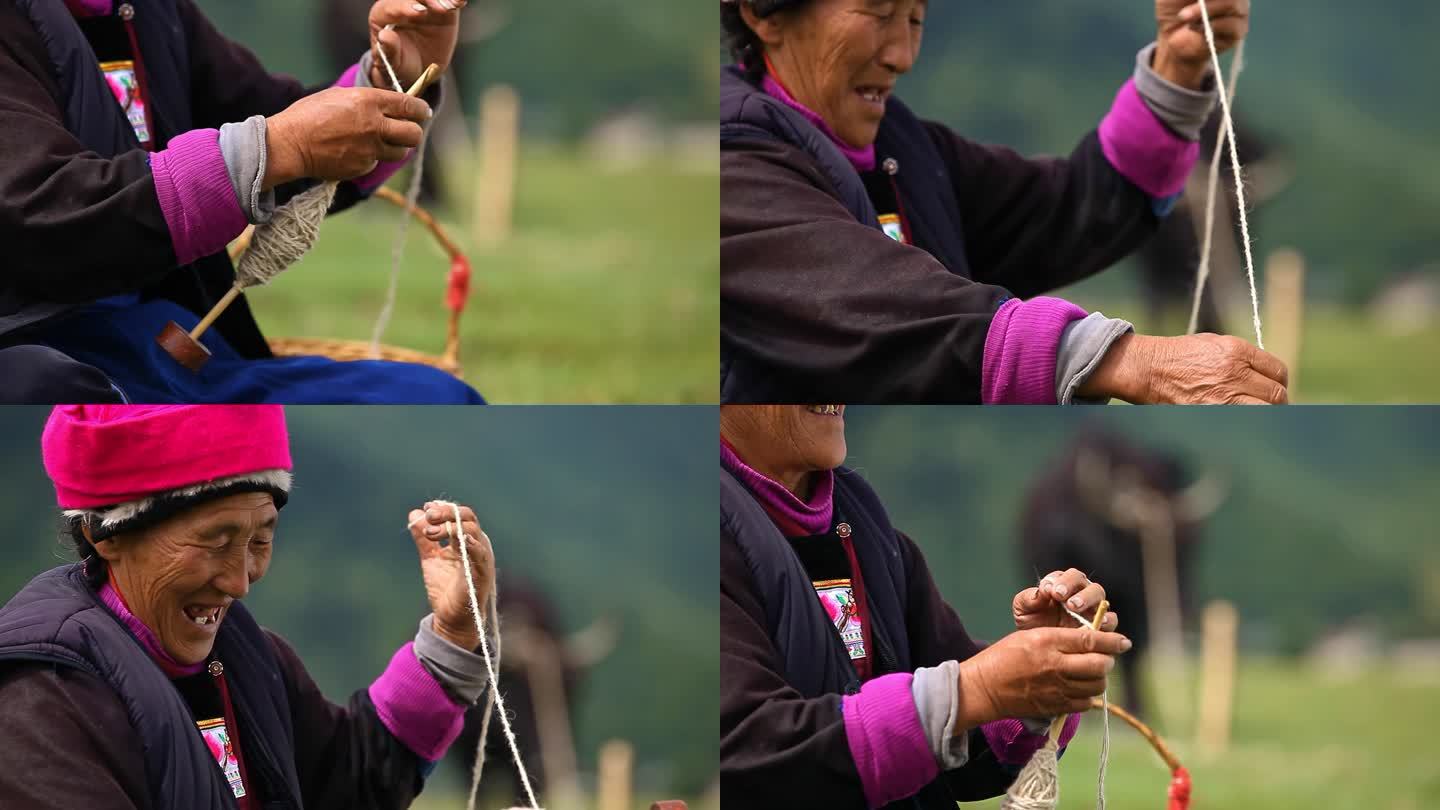 藏族妇女纺线织布劳作手工生活