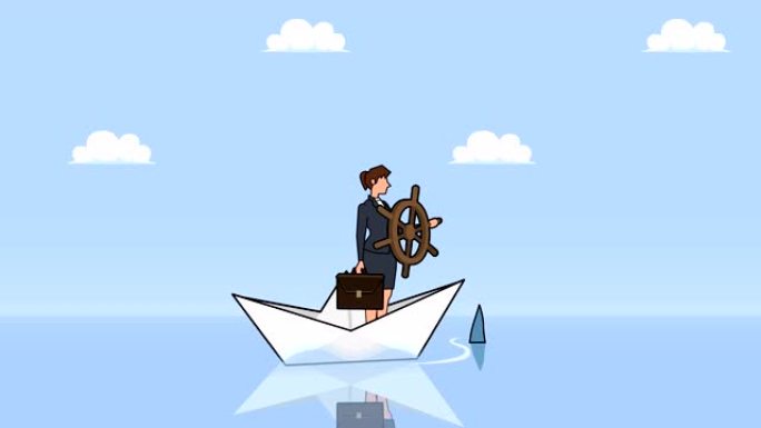 平面卡通女商人角色，掌舵轮漂浮在纸船上，鲨鱼商业控制概念动画
