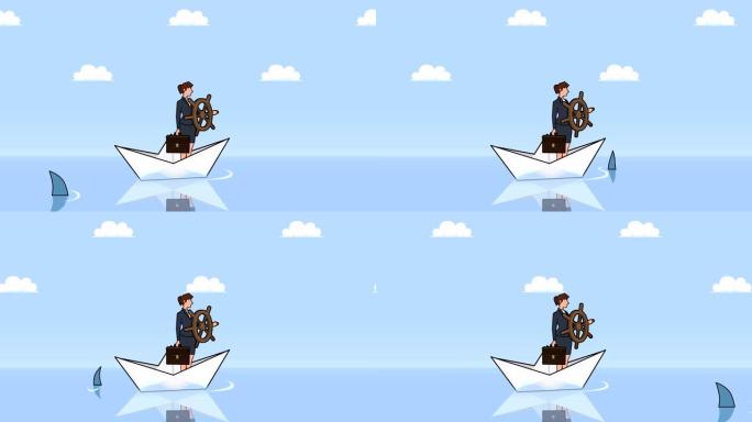 平面卡通女商人角色，掌舵轮漂浮在纸船上，鲨鱼商业控制概念动画