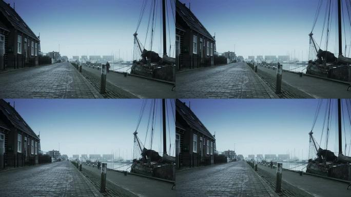 雾中的港口。荷兰马肯
