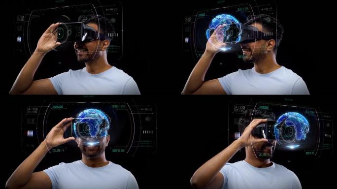 虚拟现实耳机中的人，带虚拟地球投影