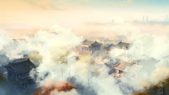 江南小镇古风建筑青瓦白墙雾气氛围大屏背景