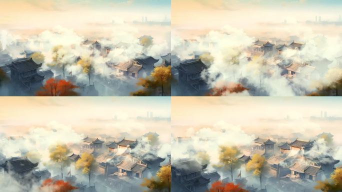 江南小镇古风建筑青瓦白墙雾气氛围大屏背景