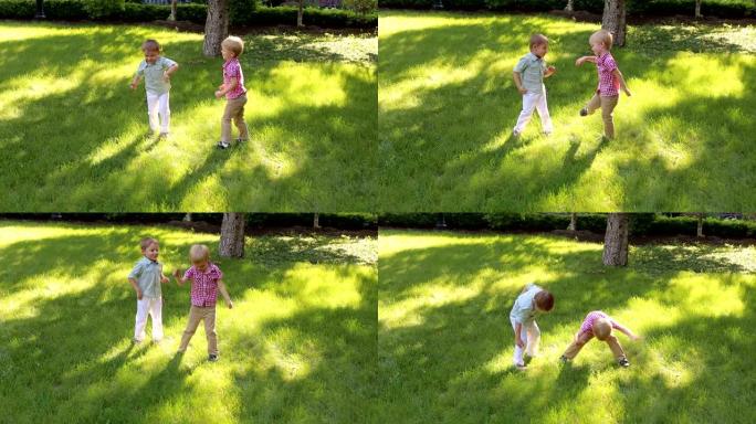 两个有趣的小男孩在绿色草地上的夏季公园里玩耍。