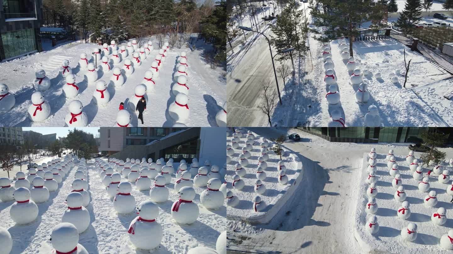 长白山二道白河镇雪人军团航拍4k