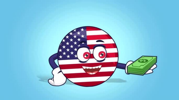 卡通美国图标国旗美国钱在手上与脸动画