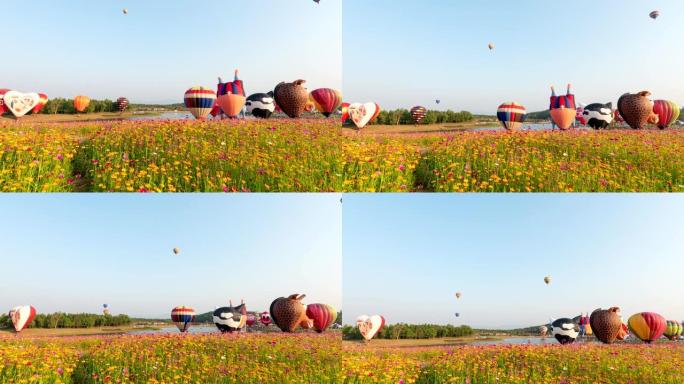 在清莱的年度节日上，热气球在天空中飞行的时间流逝