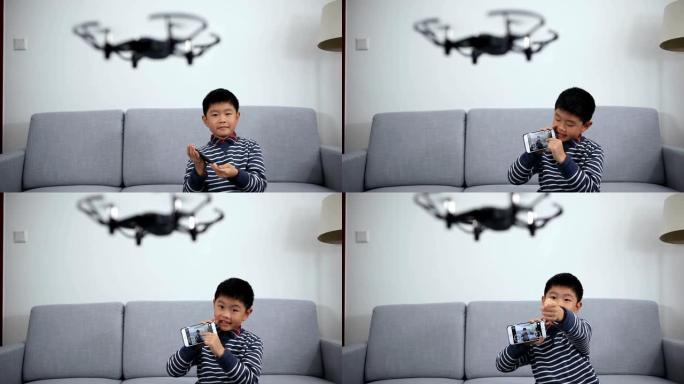 聪明的男孩玩无人机