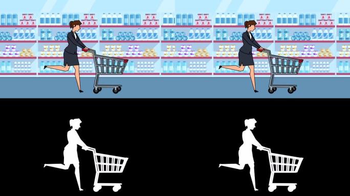 平面卡通女商人角色用空购物车动画运行