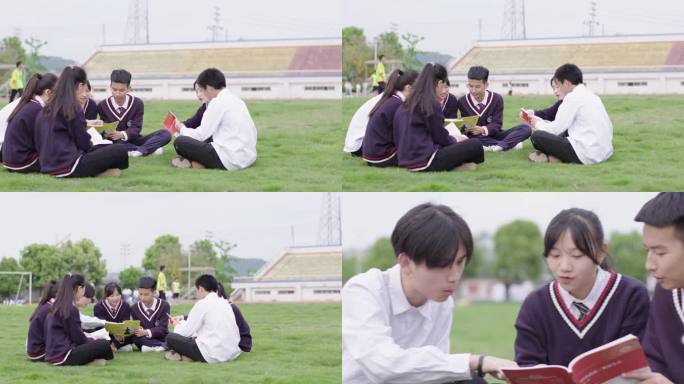 中学生坐在草坪看书学习