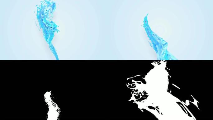 4k蓝色飞溅以慢动作经过相机。以luma matte为alpha通道的3d动画，用于在液体下简单替换