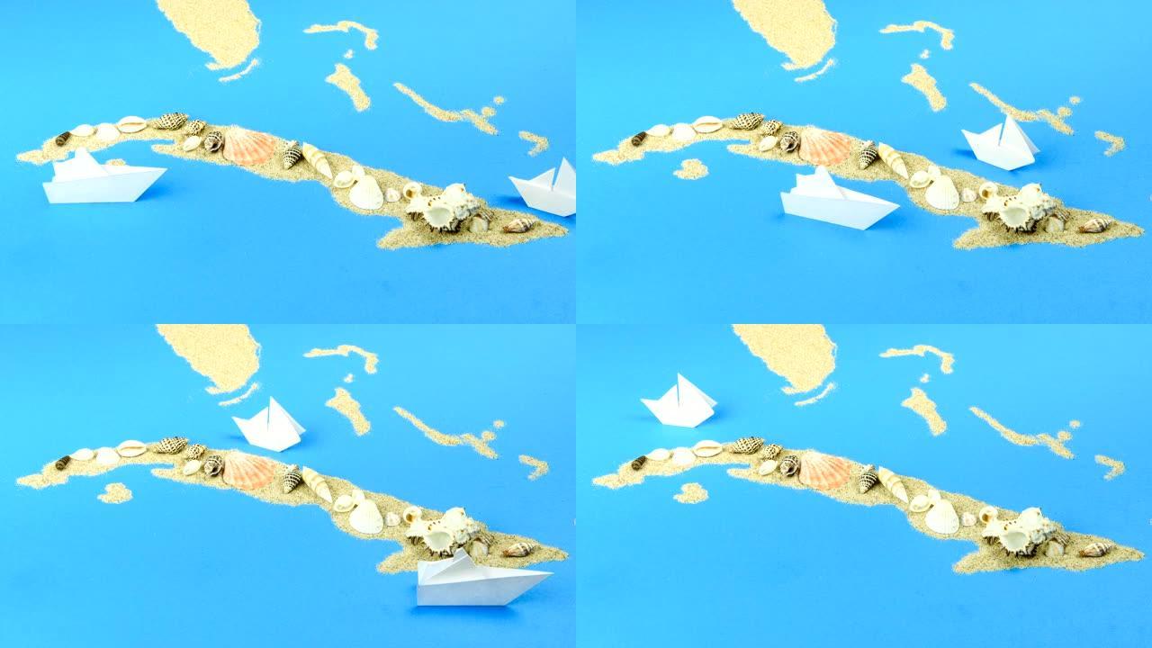 纸船漂浮在古巴海岸外