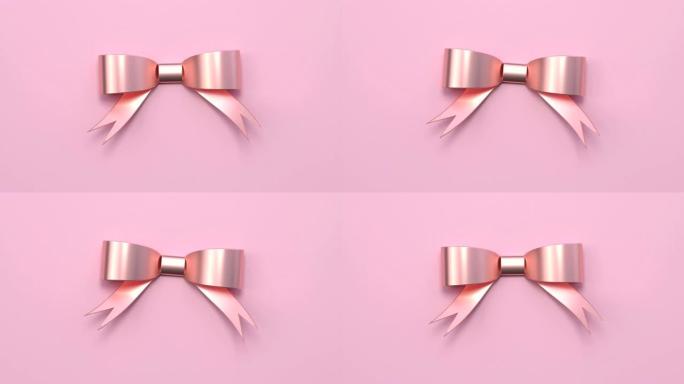 最小抽象运动动画金属玫瑰金形状3d渲染粉色场景平放丝带蝴蝶结圣诞假期概念