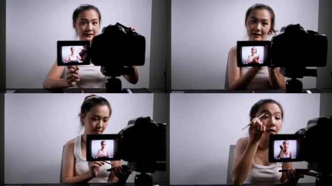 博客作者在白色背景上录制化妆4k
