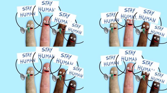 一只手的手指，不同种族的人与保持人类和扩音器的横幅，代表融合和种族问题的理想镜头