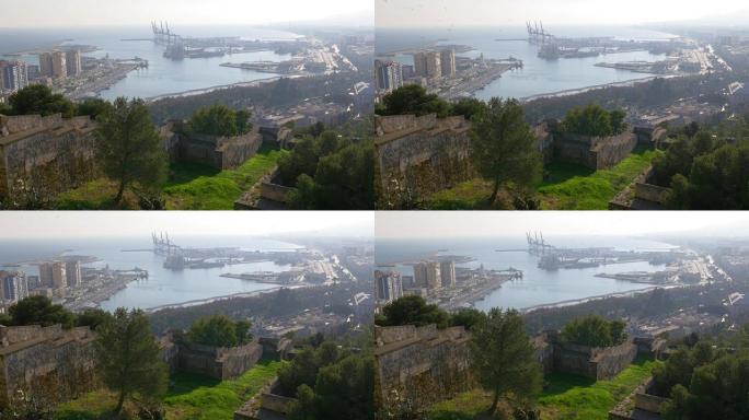 马拉加天光城市直布罗陀法罗城堡湾和港口景观4k