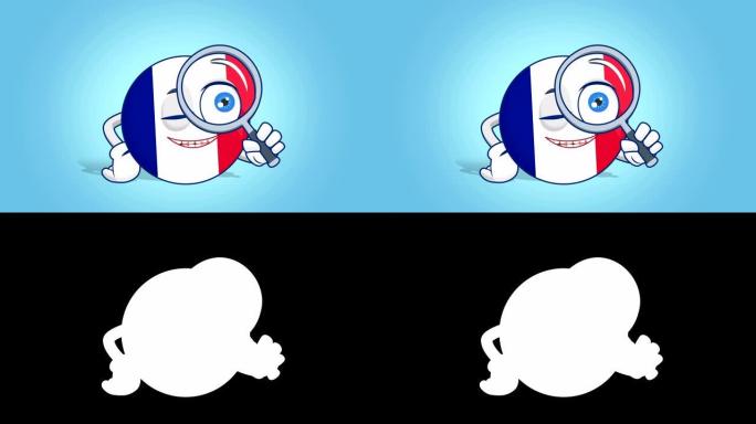 卡通图标旗法国放大镜与阿尔法哑光面部动画