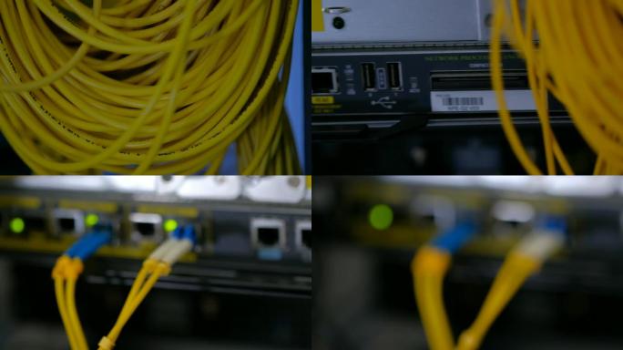 平移相机。光缆和模糊发光二极管端口状态为闪烁。用于数据中心机房高速网络的网络千兆交换机。