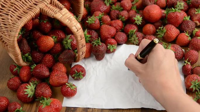 体重秤和便条纸上的草莓篮子