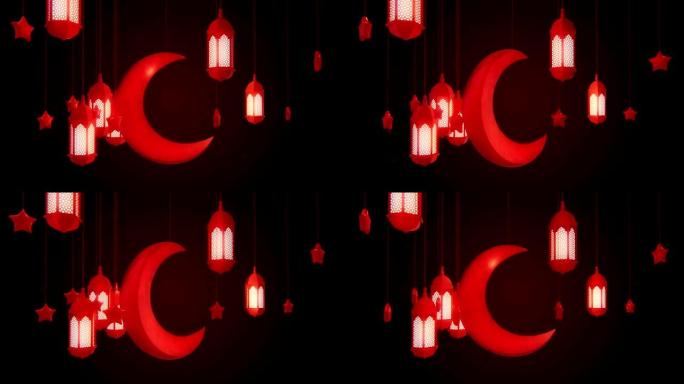 发光的庆祝灯笼，星星和月亮悬挂在黑暗背景的天花板上。斋月卡里姆伊斯兰运动背景。3d可循环动画。