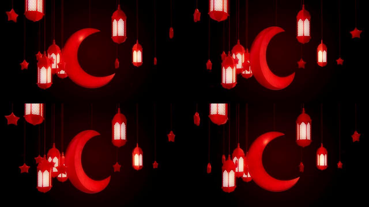 发光的庆祝灯笼，星星和月亮悬挂在黑暗背景的天花板上。斋月卡里姆伊斯兰运动背景。3d可循环动画。