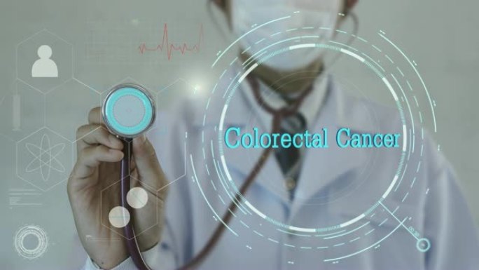 大肠癌。医生使用听诊器的医学背景。未来技术。