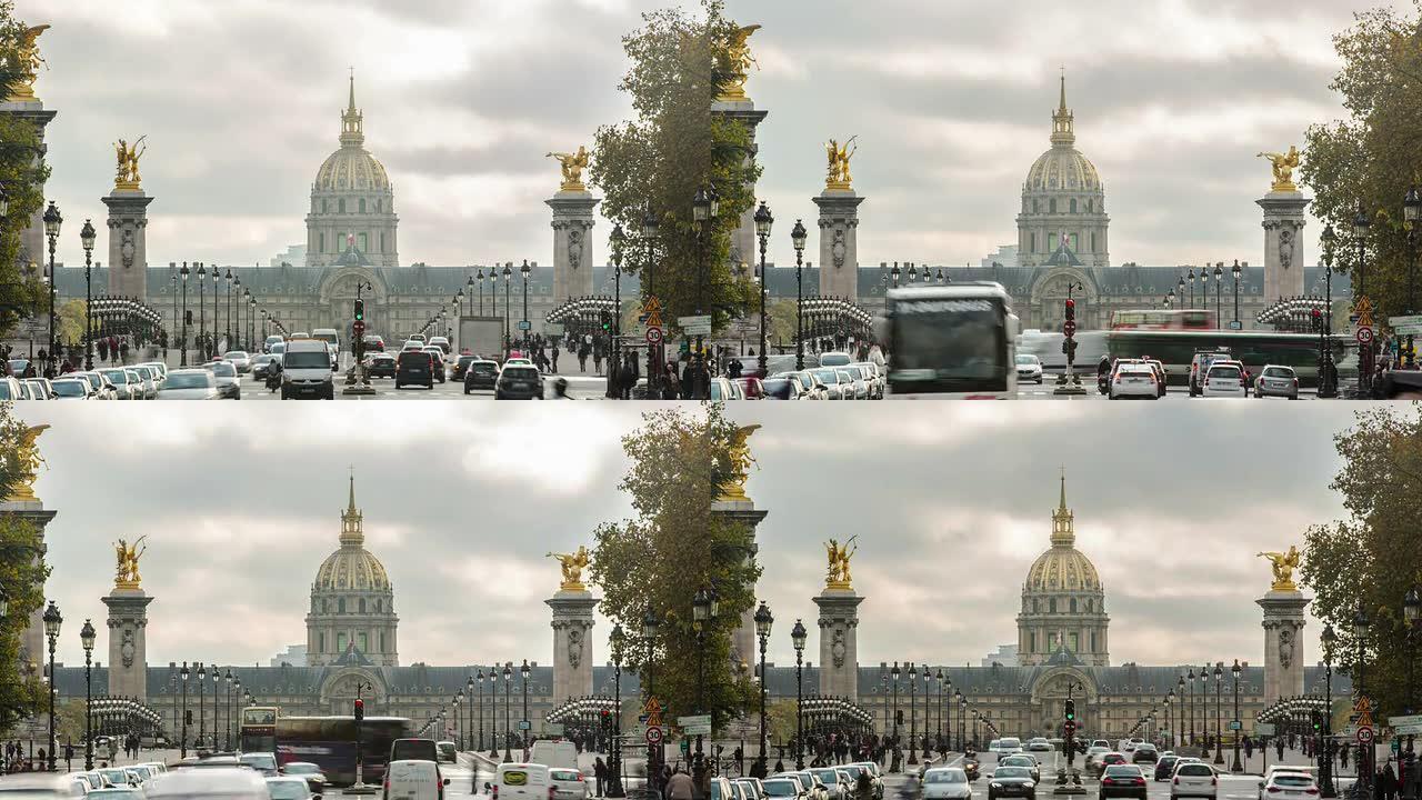 法国巴黎-2014年11月15日: 法国巴黎荣军院和亚历山大3号桥酒店。延时