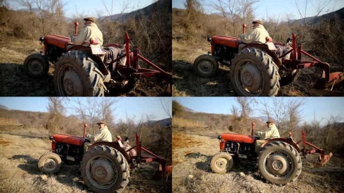 高级男子驾驶小型拖拉机和耕地。农业活动。非城市场景