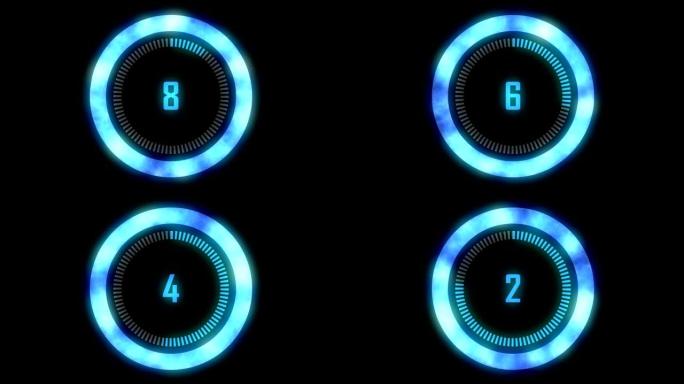 蓝色未来倒计时10比1。技术干涉圈倒数数字从10到1辉光环。