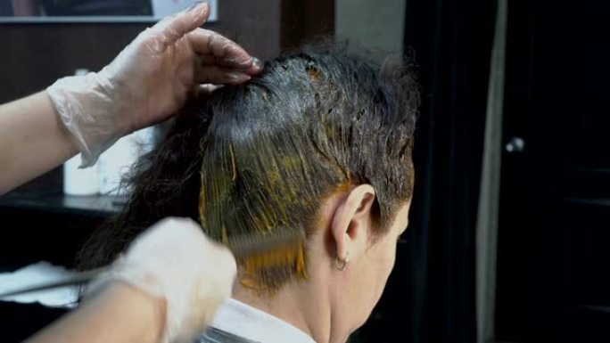特写镜头，美发师用刷子在美容院的女孩头上涂抹油漆。染发程序。头发护理。后视图。4 k.25 fps。