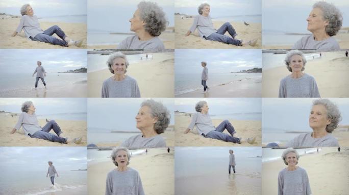 老妇人在海边散步，玩波浪的拼贴画