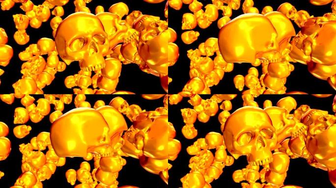 带有旋转的彩色金色头骨的抽象背景。艺术项目生动的创作构图。数字3d动画。